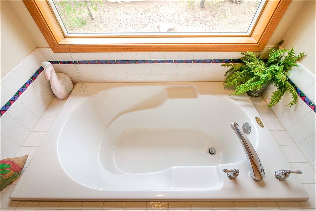 The ensuite master bathroom features a large soaking bathtub and separate shower.
